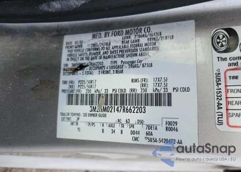 2007 Mercury Milan Premier from USA, damaged, VIN 3MEHM02147R662203